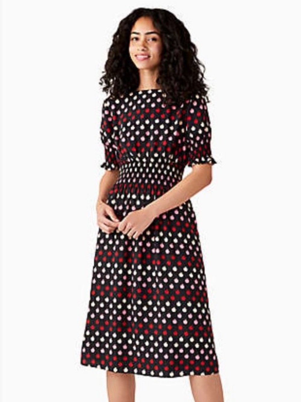 Kate Spade New York Apple Toss Smocked Waist Dress, Size M